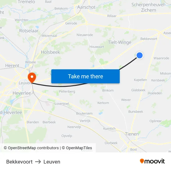 Bekkevoort to Leuven map