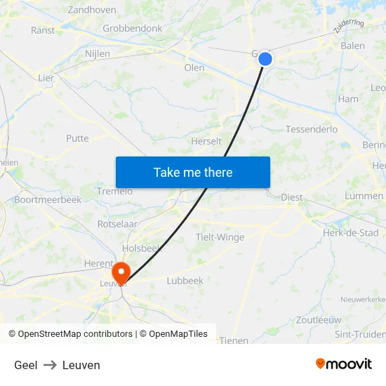 Geel to Leuven map