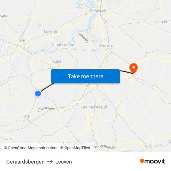 Geraardsbergen to Leuven map