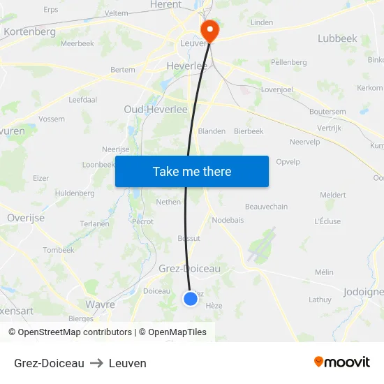 Grez-Doiceau to Leuven map
