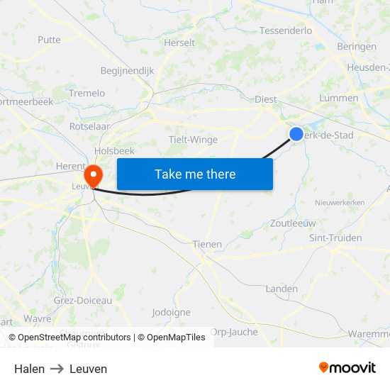 Halen to Leuven map