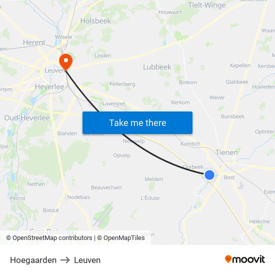 Hoegaarden to Leuven map