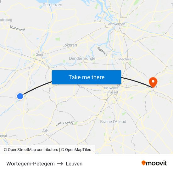 Wortegem-Petegem to Leuven map