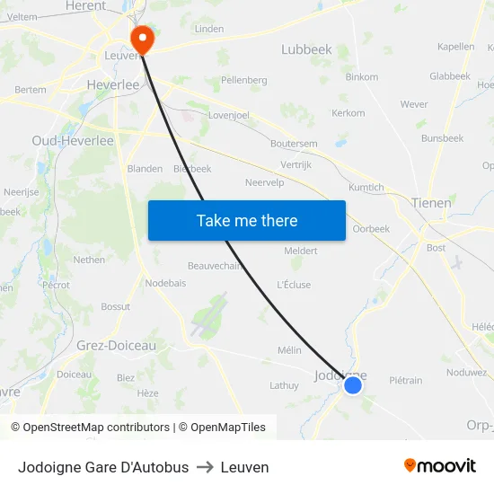 Jodoigne Gare D'Autobus to Leuven map