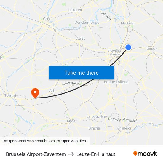 Brussels Airport-Zaventem to Leuze-En-Hainaut map