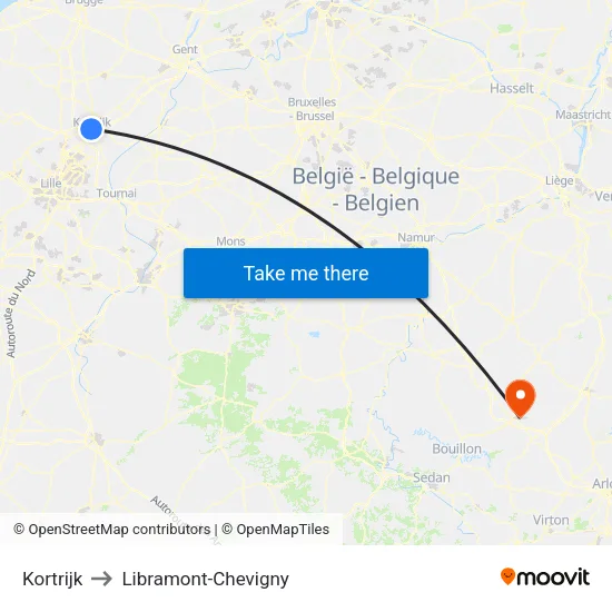 Kortrijk to Libramont-Chevigny map