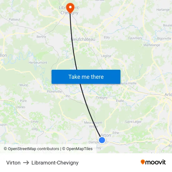 Virton to Libramont-Chevigny map