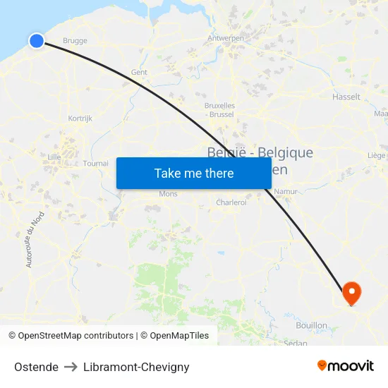 Ostende to Libramont-Chevigny map