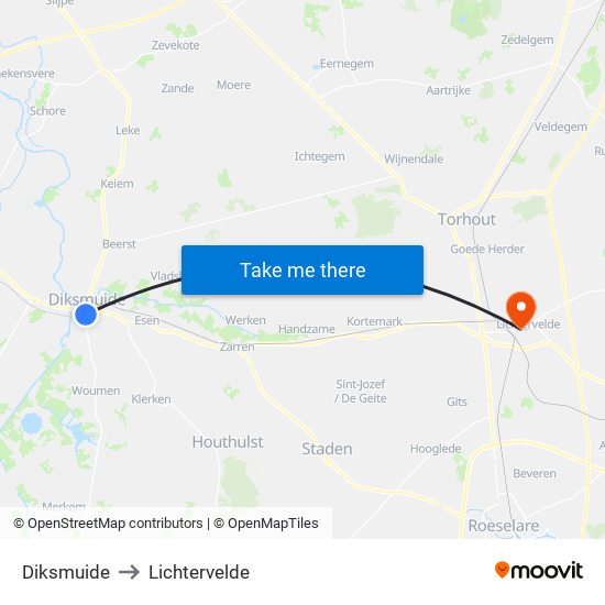 Diksmuide to Lichtervelde map