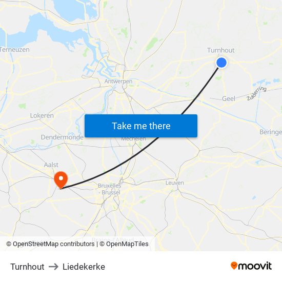 Turnhout to Liedekerke map