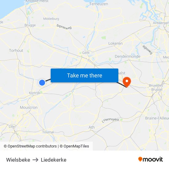 Wielsbeke to Liedekerke map