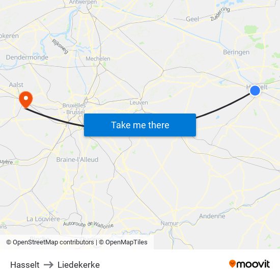 Hasselt to Liedekerke map