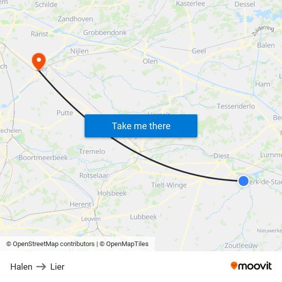 Halen to Lier map