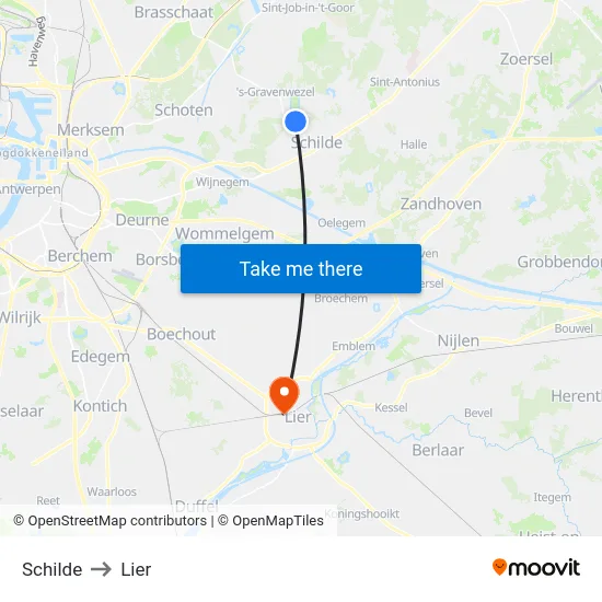 Schilde to Lier map