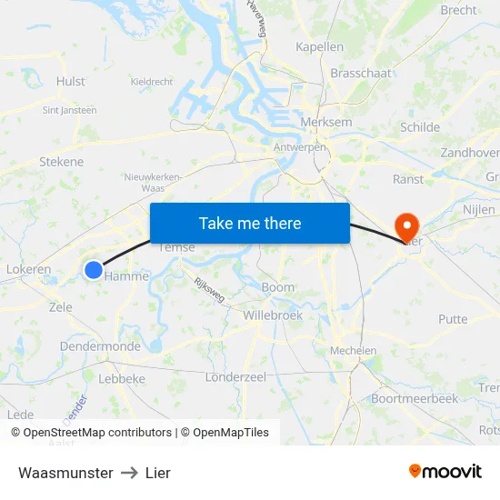 Waasmunster to Lier map