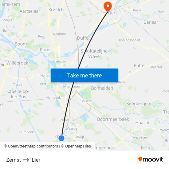 Zemst to Lier map