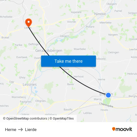 Herne to Lierde map