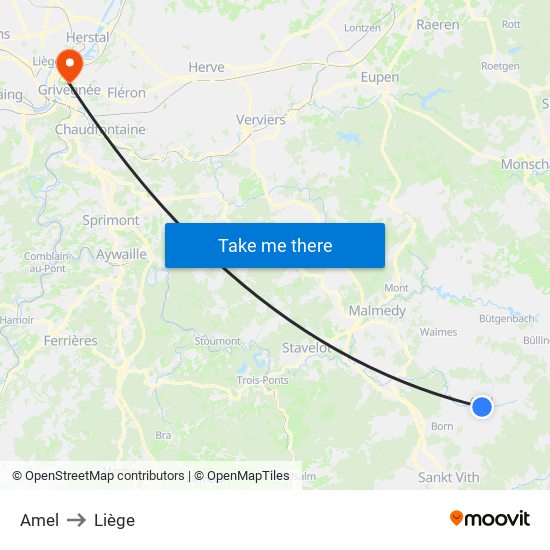 Amel to Liège map