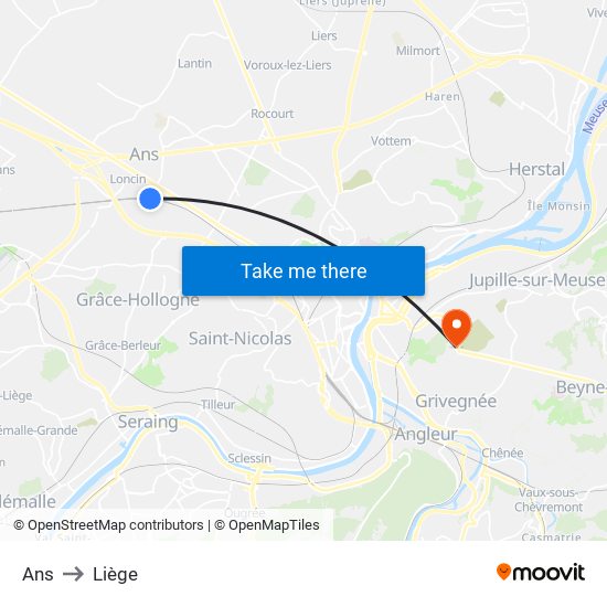 Ans to Liège map