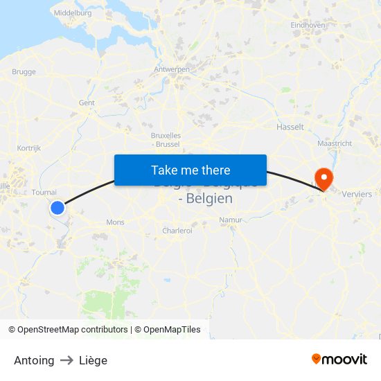 Antoing to Liège map