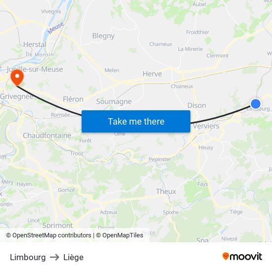 Limbourg to Liège map