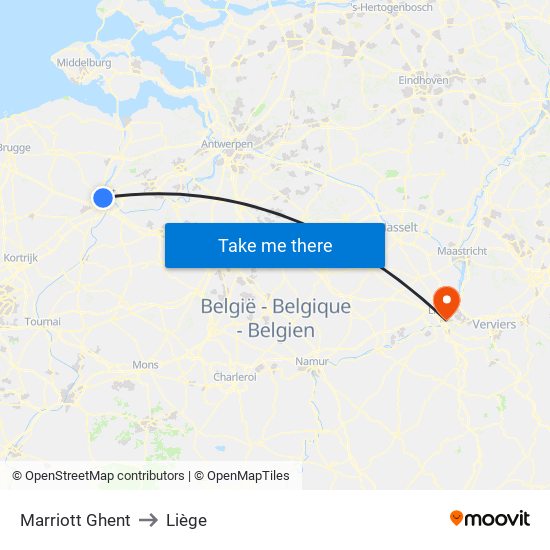 Marriott Ghent to Liège map