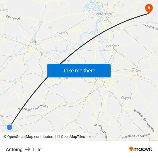 Antoing to Lille map