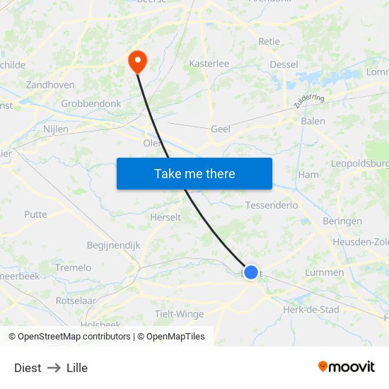 Diest to Lille map