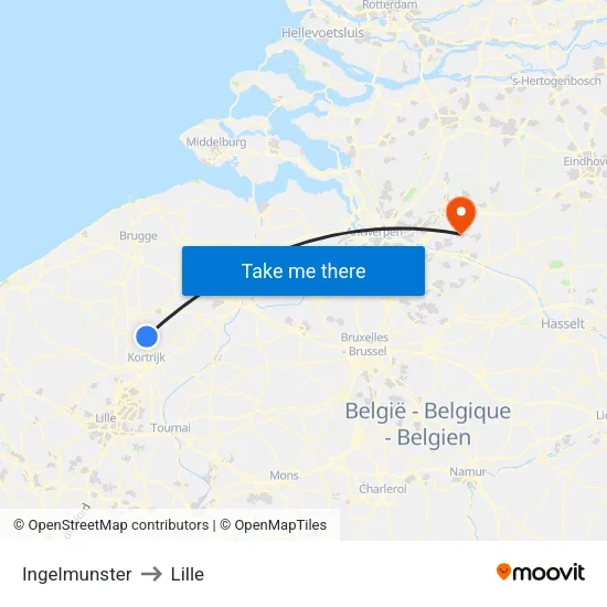 Ingelmunster to Lille map