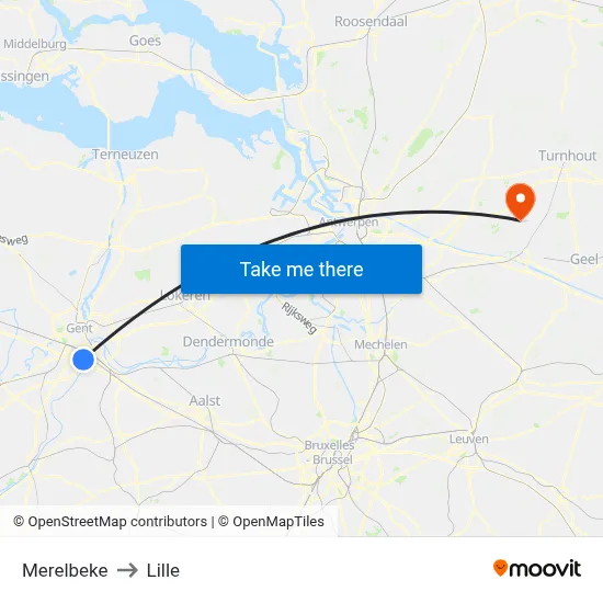Merelbeke to Lille map
