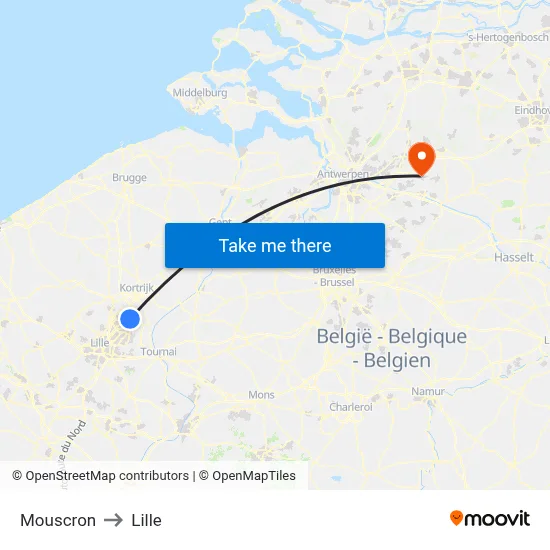 Mouscron to Lille map