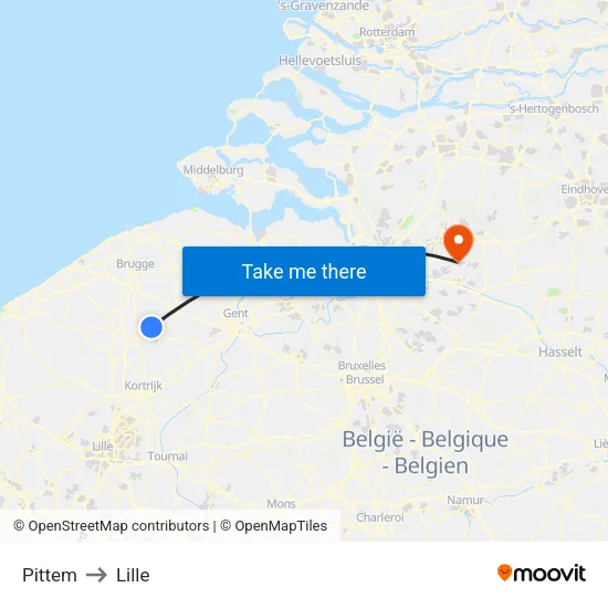 Pittem to Lille map