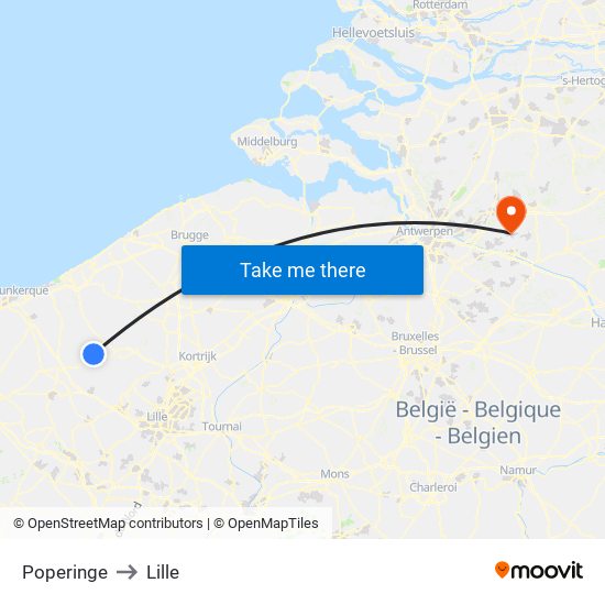 Poperinge to Lille map