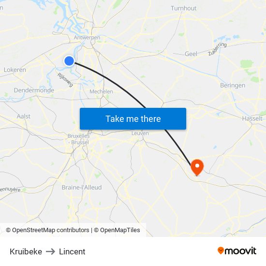 Kruibeke to Lincent map