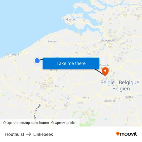 Houthulst to Linkebeek map
