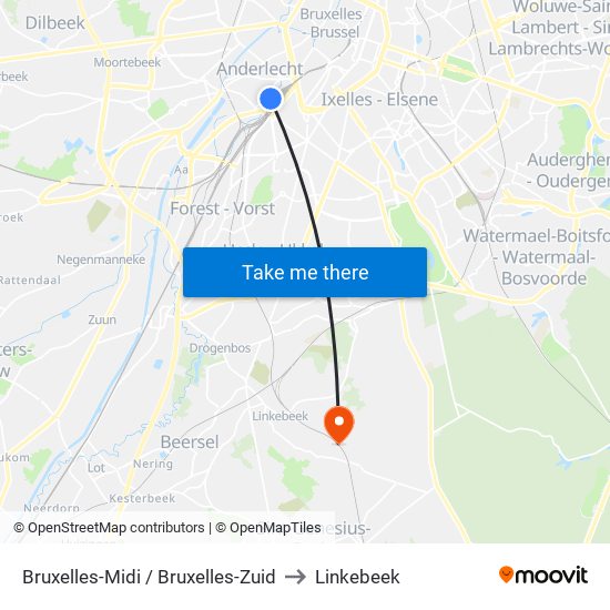 Bruxelles-Midi / Bruxelles-Zuid to Linkebeek map