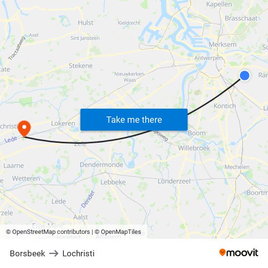 Borsbeek to Lochristi map