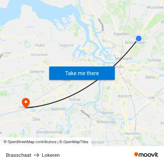 Brasschaat to Lokeren map