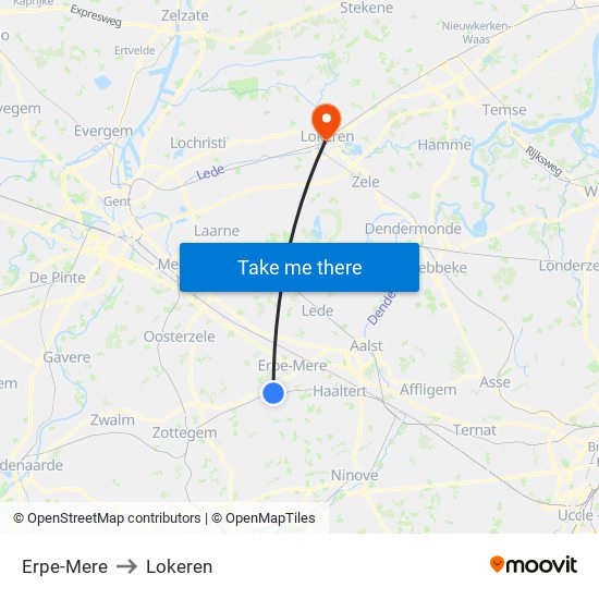 Erpe-Mere to Lokeren map