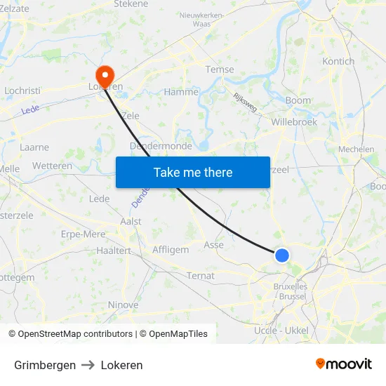 Grimbergen to Lokeren map