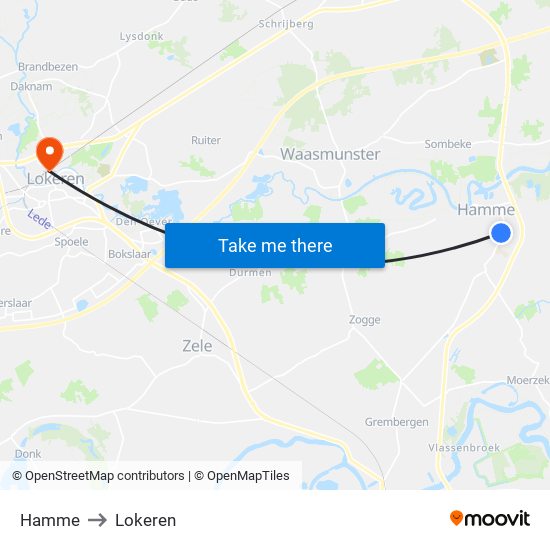 Hamme to Lokeren map