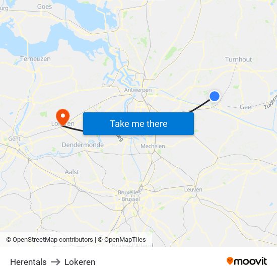 Herentals to Lokeren map