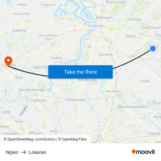 Nijlen to Lokeren map