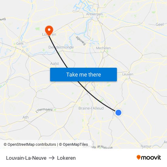 Louvain-La-Neuve to Lokeren map