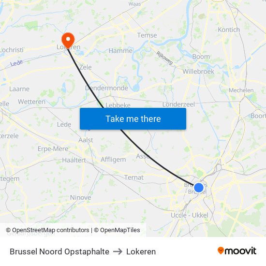 Brussel Noord Opstaphalte to Lokeren map