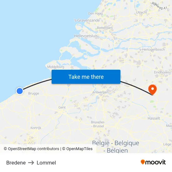 Bredene to Lommel map