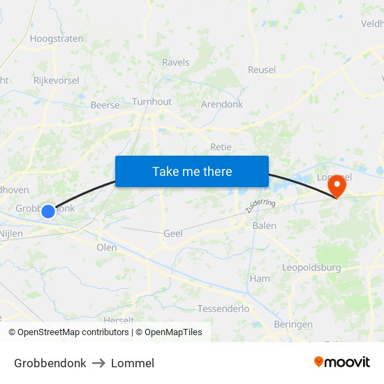 Grobbendonk to Lommel map