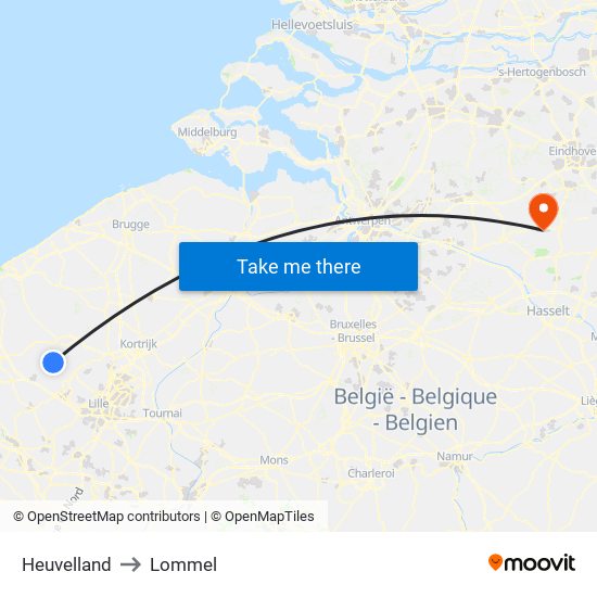 Heuvelland to Lommel map