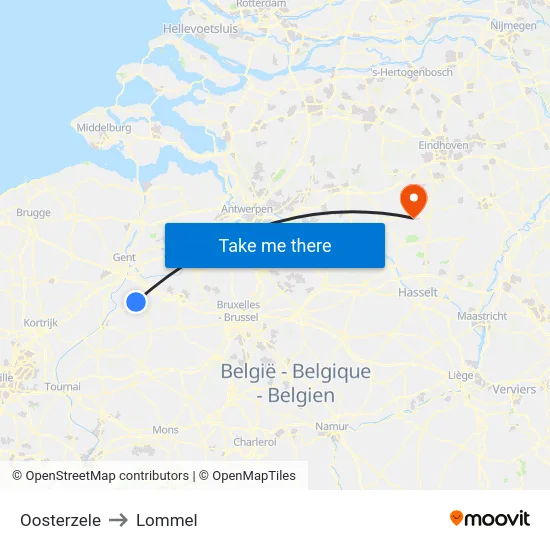 Oosterzele to Lommel map