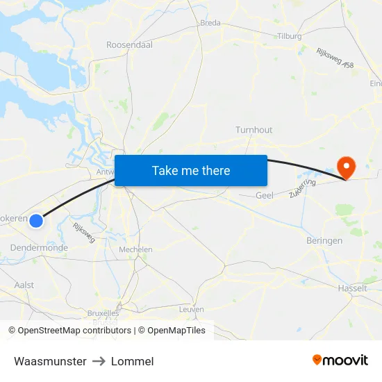 Waasmunster to Lommel map